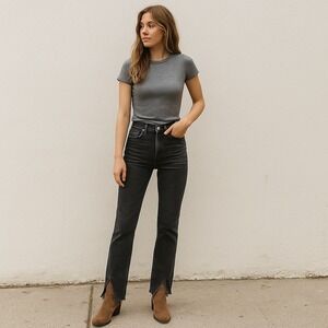 Free People We The Free Jeans Womens 25 Black High Rise Raw Hem Slit‎ Bootcut